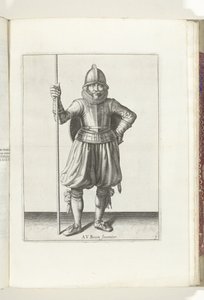 Ćwiczenie na tarczę i kolec: żołnierz w spoczynku, kolec w dłoni i tarcza na grzbiecie (nr 1), 1618 Nassausche Wapen-Handelinge, van Schilt, Szpiedzy, Rappier i Tarcza: przedstawione beyde figuerlick, ujęte w nowy porządek [z] ( autorstwa Adam van Breen