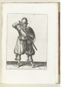 Ćwiczenie z tarczą i kolcem: Żołnierz chowający rapier (nr 24), 1618 Nassausche Wapen-Handelinge, van Schilt, Szpiedzy, Rappier i Tarcza: ukazani beyde figuerlick i oprawionych według nowego porządku [of] (...) Maurits van