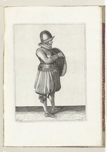 Ćwiczenie z tarczą i kolcem: Żołnierz wyciąga rękę z pasa tarczy (nr 25), 1618 Nassausche Wapen-Handelinge, van Schilt, Szpiedzy, Rappier i Tarcza : przedstawione beyde figuerlick i oprawione w nowy porządek [z] (...) Maurits autorstwa Adam van Breen