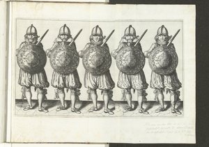 Ćwiczenie Tarcza i Kolce: Pięciu Żołnierzy Stojących Obok Rapieru w Prawej Ręce i Tarczy Z Przodu Klatki Piersiowej (nr 32), 1618 Nassausche Wapen-Handelinge, van Schilt, Spies, Rappier andde Targe : przedstawiony beyde figuerlick autorstwa Adam van Breen
