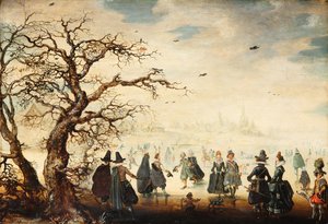 Niemiecki: Wintervergnügen Zimowy krajobraz z eleganckimi postaciami jeżdżącymi na łyżwach autorstwa Adam van Breen