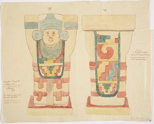 Kariatyda z komnaty zewnętrznej, Górna Świątynia Jaguarów (Świątynia A), boisko balowe, Chichen Itza (akwarela) autorstwa Adela Breton