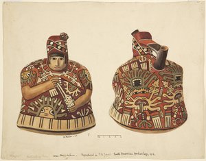 Pojemnik z postacią ludzką po jednej stronie i dziobkiem za głową Z Nazca, Peru (akwarela) autorstwa Adela Breton