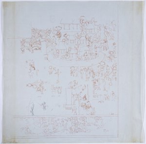 Kopia kompletnego fresku z zachodniej ściany, Górna Świątynia Jaguarów, Chichen Itza, Meksyk Wewnętrzna komora na zachodniej ścianie Narysowany czerwonym atramentem (czerwony i czarny atrament i grafit) autorstwa Adela Breton