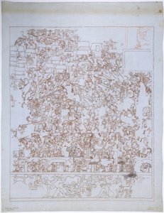 Kopia malowidła ściennego, Górna Świątynia Jaguarów, South End, West Wall, Górna Świątynia Jaguarów, Chichen Itza, Meksyk (czerwony tusz i grafit) autorstwa Adela Breton