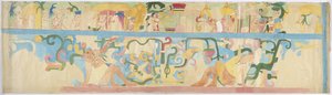 Kopia malowidła ściennego z południowo-zachodniej ściany, Górna Świątynia Jaguarów, Chichen Itza, Meksyk (akwarela i kolor nadwozia) autorstwa Adela Breton