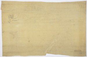 Kopia kalki malowidła ściennego znad drzwi, Górna świątynia Jaguarów, Chichen Itza, Meksyk Ołówek „Ofiara z człowieka” (grafit) autorstwa Adela Breton