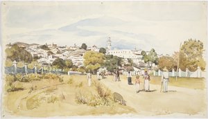 Mężczyźni, kobiety i dzieci idące drogą z wioską w tle, Jalapa (Xalapa) Veracruz, Meksyk (akwarela) autorstwa Adela Breton