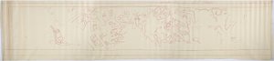 Zarys malarstwa ściennego z zachodniej ściany, Górna Świątynia Jaguarów, Chichen Itza, Meksyk (czerwony tusz i   grafit) autorstwa Adela Breton