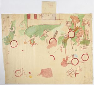 Malowidło ze ściany wschodniej, Górna Świątynia Jaguarów, Chichen Itza, Meksyk (akwarela, bodycolour, grafit) autorstwa Adela Breton