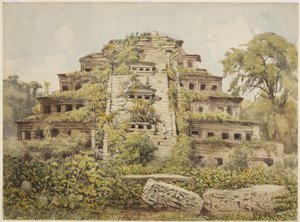 Obraz zrujnowanej świątyni (Piramida Nisz) w El Tajin, Papantla, Meksyk (akwarela)