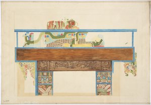 Kopia w skali ćwiartki malowidła ściennego ściana zachodnia, Górna Świątynia Jaguarów, Chichen Itza, Meksyk (akwarela, bodycolor, grafit) autorstwa Adela Breton