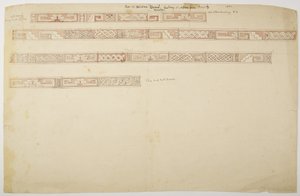 Ruiny/kamienne płaskorzeźby w świątyni w Uxmal w Meksyku przedstawiające fryz (akwarela) autorstwa Adela Breton