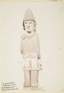Statua z Teayo, północne Veracruz, Meksyk Pokazuje kamienną statuę z męską postacią w kilt (akwarela) autorstwa Adela Breton