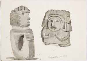 Kamienne figury w Papantla, Meksyk (akwarela) autorstwa Adela Breton