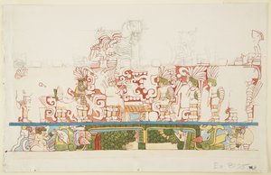 Kamienna płaskorzeźba ze środka północnej ściany, północny budynek C, boisko do piłki nożnej, Chichen Itza, Meksyk (akwarela) autorstwa Adela Breton