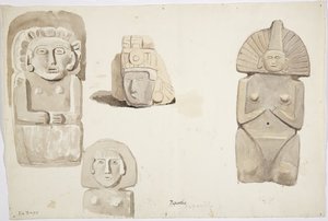 Kamienne posągi z Papantla, Meksyk (akwarela) autorstwa Adela Breton