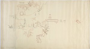 Narysowanie malowidła ściennego z Casa de Monjas, Chichen Itza, Meksyk Vault w dużej komorze (czerwony, czarny i brązowy tusz i grafit) autorstwa Adela Breton