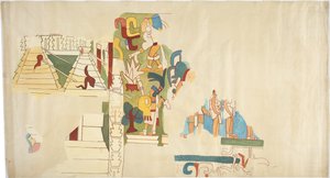 Kalka malarstwa ściennego z Casa de Monjas, Chichen Itza, Meksyk Przedstawia sklepienie w dużej komorze Kalka zamalowana czarnym tuszem i pomalowana akwarelą Obrys w pełnej skali północnej połowy muralu (akwarela, kolor nadwozia, grafit)