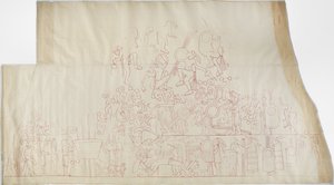 Odrysowanie malowidła ściennego z południowego sklepienia, Górna Świątynia Jaguarów, Chichen Itza, Meksyk    (Czerwony atrament) autorstwa Adela Breton