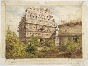 Ruiny Chichen Itza na Jukatanie w Meksyku przedstawiają zachodnią fasadę Iglesia (akwarela)