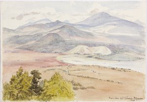 Widok z Cerro del Calvario, Patzcuaxo z jednej strony kartki a z drugiej widok na starożytną fortecę i kamienne kopce, Iguatcho z Cerro del Calvario, Patzcuaro, Michoacan, Meksyk (akwarela) autorstwa Adela Breton