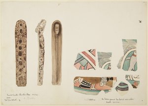 Wszystkie przedmioty z drewna i ceramiki, ze świętej cenoty, Chichen Itza, Jukatan, Meksyk autorstwa Adela Breton