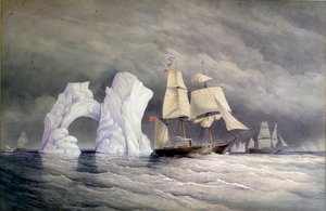 Brytyjskie statki Phoenix, Talbot i Diligence przekraczające górę lodową (Arktyczna Kanada). Akwarela (58x88 cm), autor: Edward Augustus Inglefield (1820-1894)