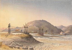 "Most wiszący ze skórzanych rzemieni (ale naprawiony łańcuchem) nad Maypu, pięć lig na południe od Santiago, Chile, 11 stycznia 1851 r.