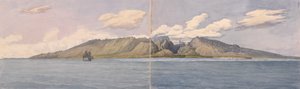 "Tahiti [Wyspy Towarzystwa]. Wąwóz Fautaua - Góra Korony lub Diademu w centrum wyspy i miasto Papeiti, 24 sierpnia 1849 r.". autorstwa Admiral Sir Edward Gennys Fanshawe