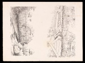 Wioska plemienia Stang, Sarawak, Borneo; i most z żerdzi nad rzeką z albumu Indie Zachodnie, Ameryka Północna i Borneo, ok. 1845 r. (litografia) autorstwa Admiral Sir Edward Gennys Fanshawe