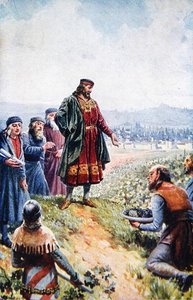 Karol IV dokonujący inspekcji winogron podczas zachęcania do produkcji wina w Czechach, początek XX wieku (kolor lito) autorstwa Adolf (after) Liebscher
