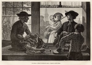 Krawiec i jego uczeń pracujący na krawędzi okna, by cieszyć się światłem i widokiem przechodniów ulicy, w Rilland (South Beveland), grawer według rysunku Adolfa Dillensa, ilustrującego podróż do Zelandii ( Holandia), ja