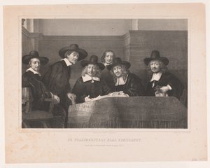 De Staalmeesters: kolegium mistrzów próbek (waardijns) gildii sukna w Amsterdamie De Staalmeesters, wg Rembrandta / Premium plate der Kunstkronijk, tom XVI (1854) (tytuł na obiekcie)