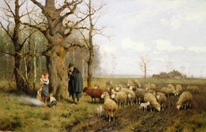 Dzieci z pasterzem i owcami w pejzażu (olej na płótnie) autorstwa Adolf Ernst Meissner
