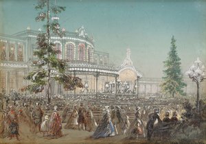 „Obchody 25-lecia Kolei Carsko Sioło w Sali Koncertowej Dworca Pawłowskiego” Adolfa Charlemagne (1826-1901), gwasz na tekturze