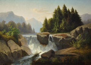 Pejzaż górski z wodospadem, ok. godz. 1853 autorstwa Adolf Kosárek