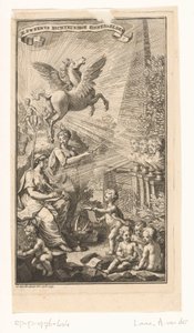 Scena alegoryczna z napisem kobiety, popiersiami, Pegazem i Apollem Strona tytułowa dla: Cornelis Sweerts, Symbole poetyckie, 1736