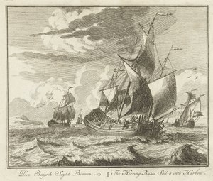 Rurka śledziowa odpływa do domu, ok. 1725 Den Buysch Seyld Binnen / The Herring Busse płynie do Barbou (tytuł na obiekcie) Groote Vissery (tytuł serii)