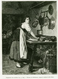 Przygotowanie makaronu. Grawer Hildibranda, ilustrujący opowiadanie „Przez Alzację i Lotaryngię”, w 1887 r., autorstwa Charlesa Grada, niemieckiego zastępcy, w tour du monde 1888, w reżyserii Edouarda Chartona (1807-1890), Hachette, Paryż. autorstwa Adolf von Hildebrand