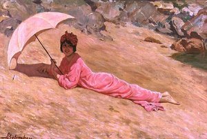 Dziewczyna leżąca na plaży z różowym parasolem (olej na płótnie)