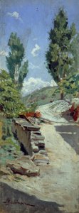 Droga na wzgórzach, Adolfo Belimbau (1845-1938), olej na desce, 23x9 cm