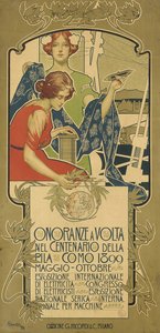Plakat reklamujący wystawę produktów elektrycznych zorganizowaną z okazji 100. rocznicy urodzin Alessandro Volta autorstwa Adolfo Hohenstein