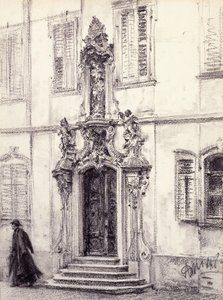 Mężczyzna schodzący po schodach budynku ozdobionego barokowym portalem, 1884 autorstwa Adolph Menzel