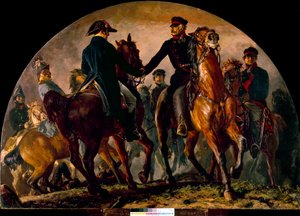 Spotkanie Gebharda Leberechta von Blucher (1742-1819) i Arthura Wellesleya Wellingtona (1769-1852), w bitwie pod La Belle Alliance (1815). Obraz Adolfa Menzla (1815-1905) Ec. Wszystko autorstwa Adolph Menzel