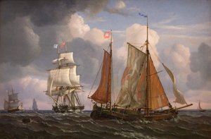 Statki płynące i bijące pod wiatr w cieśninie autorstwa Adolph Friedrich Vollmer