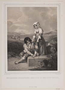 Owczarek rzymski zawiązuje sandał młodej dziewczynce. autorstwa Johan Adolph Kittendorff