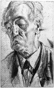 Portret z półpustym tłem przedstawiający starszego mężczyznę z wąsami autorstwa Adolph Menzel