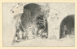 Beczki i deski pod łukami bastionu Jungfernbastei w Dreźnie autorstwa Adolph Menzel