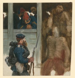 Francuski transport jeńców w wagonach kolejowych, z przodu pruski żołnierz piechoty, scena z wojny z 1870 roku autorstwa Adolph Menzel